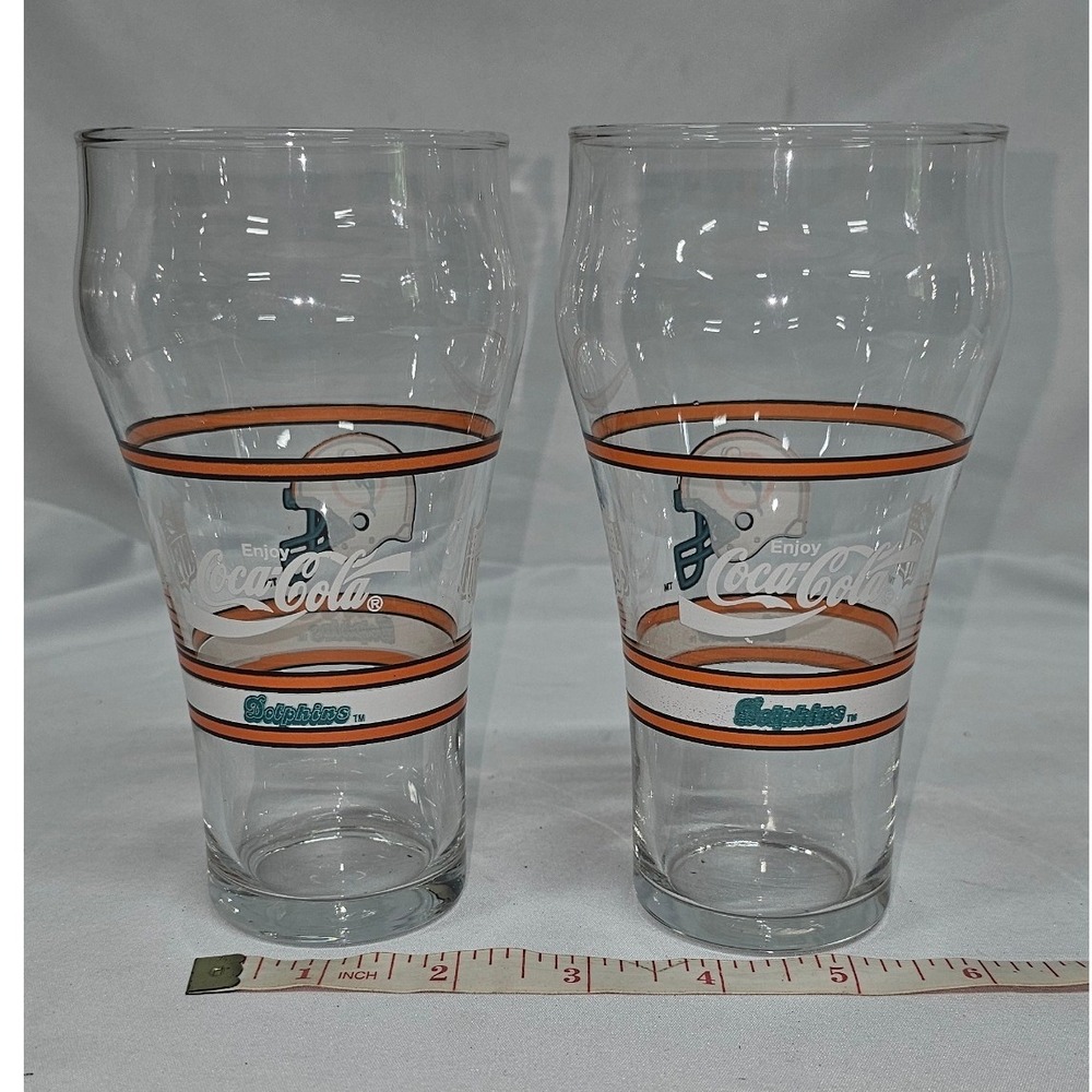 Vintage Miami Dolphins NFL Coca-Cola Glasses Set of 2 Clear Pilsner Tumblers 6in - Picture 3 of 6